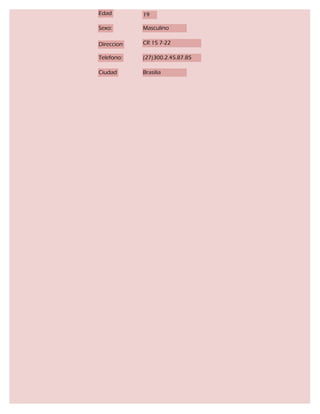 Edad        19

Sexo:       Masculino

Direccion   CR 15 7-22

Telefono:   (27)300.2.45.87.85

Ciudad      Brasilia
 
