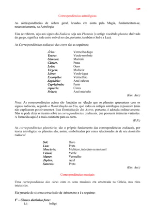 129
Correspondências astrológicas
As correspondências de ordem geral, levadas em conta pela Magia, fundamentam-se,
necessariamente, na Astrologia.
Elas se referem, seja aos signos do Zodíaco, seja aos Planetas (o antigo vocábulo planeta, derivado
do grego, significa todo astro móvel no céu, portanto, também o Sol e a Lua).
As Correspondências zodiacais das cores são as seguintes:
Áries: Vermelho-fogo
Touro: Verde-sombrio
Gêmeos: Marrom
Câncer. Prata
Leão: Ouro
Virgem: Multicor
Libra: Verde-água
Escorpião: Vermelhão
Sagitário: Azul-celeste
Capricórnio: Preto
Aquário: Cinza
Peixes: Azul-marinho
(Div. Aut.)
Nota: As correspondências acima são fundadas na relação que os planetas apresentam com os
signos zodiacais, segundo a Domiciliação do Céu, que todos os antigos astrólogos expuseram (mas
não explicaram positivamente). Esta Domiciliação dos Astros, portanto, é adotada ordinariamente.
Não se pode dizer o mesmo sobre as correspondências, zodiacais, que possuem inúmeras variantes.
A fornecida aqui é a mais constante para as cores.
(P.P.)
As correspondências planetárias são o próprio fundamento das correspondências zodiacais, por
teoria astrológica: os planetas são, assim, simbolizados por cores relacionadas às de seu domicílio
zodiacal.
Sol: Ouro
Lua: Prata
Mercúrio: Multicor, indeciso ou mutável
Vênus: Verde
Marte: Vermelho
Júpiter. Azul
Saturno: Preto
(Div. Aut.)
Correspondências musicais
Uma correspondência das cores com os sons musicais era observada na Grécia, nos ritos
iniciáticos.
Ela procede do sistema tetracórdio de Aristóxeno e é a seguinte:
1a
– Gênero diatônico forte:
Lá: índigo
 