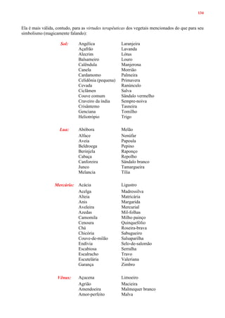 134
Ela é mais válida, contudo, para as virtudes terapêuticas dos vegetais mencionados do que para seu
simbolismo (magicamente falando):
Sol: Angélica Laranjeira
Açafrão Lavanda
Alecrim Lótus
Balsameiro Louro
Calêndula Manjerona
Canela Morrião
Cardamomo Palmeira
Celidônia (pequena) Primavera
Cevada Ranúnculo
Ciclãmen Salva
Couve comum Sândalo vermelho
Craveiro da índia Sempre-noiva
Crisântemo Tasneira
Genciana Tomilho
Heliotrópio Trigo
Lua: Abóbora Melão
Alface Nenúfar
Aveia Papoula
Beldroega Pepino
Berinjela Raponço
Cabaça Repolho
Canforeira Sândalo branco
Junco Tamargueira
Melancia Tília
Mercúrio: Acácia Ligustro
Acelga Madressilva
Alteia Matricária
Anis Margarida
Aveleira Mercurial
Azedas Mil-folhas
Camomila Milho painço
Cenoura Quinquefólio
Chá Roseira-brava
Chicória Sabugueiro
Couve-de-milão Salsaparilha
Endívia Selo-de-salomão
Escabiosa Serralha
Escalracho Travo
Escutelária Valeriana
Garança Zimbro
Vênus: Açucena Limoeiro
Agrião Macieira
Amendoeira Malmequer branco
Amor-perfeito Malva
 