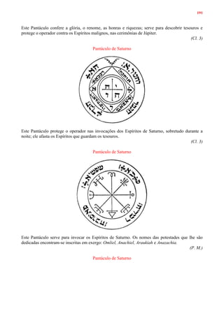 191
Este Pantáculo confere a glória, o renome, as honras e riquezas; serve para descobrir tesouros e
protege o operador contra os Espíritos malignos, nas cerimônias de Júpiter.
(Cl. 3)
Pantáculo de Saturno
Este Pantáculo protege o operador nas invocações dos Espíritos de Saturno, sobretudo durante a
noite; ele afasta os Espíritos que guardam os tesouros.
(Cl. 3)
Pantáculo de Saturno
Este Pantáculo serve para invocar os Espíritos de Saturno. Os nomes das potestades que lhe são
dedicadas encontram-se inscritas em exergo: Omliel, Anachiel, Araukiah e Anazachia.
(P. M.)
Pantáculo de Saturno
 