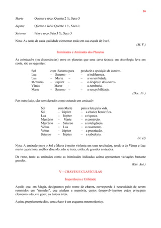 58
Marte Quente e seco: Quente 2 ½, Seco 3
Júpiter Quente e seco: Quente 1 ½, Seco 1
Saturno Frio e seco: Frio 3 ½, Seco 3
Nota. As cotas de cada qualidade elementar estão em sua escala de 0 a 6.
(M. V.)
Inimizades e Amizades dos Planetas
As inimizades (ou dissonâncias) entre os planetas que uma certa técnica em Astrologia leva em
conta, são as seguintes:
Sol com Saturno para produzir a oposição de outrem.
Lua – Saturno – – a indiferença.
Lua – Marte – – a versatilidade.
Mercúrio – Júpiter – – o desprezo dos outros.
Vênus – Marte – – a zombaria.
Marte – Saturno – – a suscetibilidade.
(Doc. Fr.)
Por outro lado, são considerados como estando em amizade:
Sol com Marte para a luta pela vida.
Sol – Júpiter – a chance honorífica.
Lua – Júpiter – a riqueza.
Mercúrio – Marte – o comércio.
Mercúrio – Saturno – a inteligência.
Vênus – Lua – o casamento.
Vênus – Júpiter – a procriação.
Saturno – Júpiter – a sabedoria.
(A. H)
Nota. A amizade entre o Sol e Marte é muito violenta em seus resultados, sendo a de Vênus e Lua
muito caprichosa: melhor dizendo, não se trata, então, de grandes amizades.
De resto, tanto as amizades como as inimizades indicadas acima apresentam variações bastante
grandes.
(Div. Aut.)
V – CHAVES E CLAVÍCULAS
Importância e Utilidade
Aquilo que, em Magia, designamos pelo nome de chaves, corresponde à necessidade de serem
resumidos em "súmulas", que ajudem a memória, certos desenvolvimentos cujos principais
elementos são, em geral, os únicos úteis.
Assim, propriamente dito, uma chave é um esquema mnemotécnico.
 