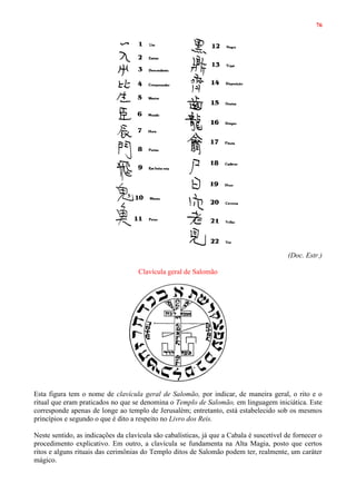76
(Doc. Estr.)
Clavícula geral de Salomão
Esta figura tem o nome de clavícula geral de Salomão, por indicar, de maneira geral, o rito e o
ritual que eram praticados no que se denomina o Templo de Salomão, em linguagem iniciática. Este
corresponde apenas de longe ao templo de Jerusalém; entretanto, está estabelecido sob os mesmos
princípios e segundo o que é dito a respeito no Livro dos Reis.
Neste sentido, as indicações da clavícula são cabalísticas, já que a Cabala é suscetível de fornecer o
procedimento explicativo. Em outro, a clavícula se fundamenta na Alta Magia, posto que certos
ritos e alguns rituais das cerimônias do Templo ditos de Salomão podem ter, realmente, um caráter
mágico.
 