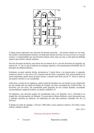 78
A figura acima representa uma clavícula de formato particular – até mesmo insólito em seu todo.
Seu caráter é eminentemente esotérico, revelado pelo número de letras inscritas próximo ao traçado
mediano e compreendidas nas seis divisórias laterais, bem como em uma e outra parte da abóbada
superior que remata o traçado mediano.
Nas três divisórias da direita, essas letras são em número de 9 e, nas três divisórias da esquerda, em
número de. 13. Em si, elas já indicam um emprego especial e convenientemente distribuído dos 22
princípios do alfabeto hebraico.
Entretanto, na parte superior direita, encontram-se 3 outras letras; e na mesma parte, à esquerda,
contam-se outras 4, o que eleva a 29 o número total de letras a considerar. Ora, acrescentando-se as
muito importantes quatro letras da parte central, o número total final será de 33. Trata-se então de
um número simbólico a ser considerado.
Além disso, a ponto de ser enganosa, a parte central do desenho, por seu traçado evoca a disposição
da sala situada atrás da capela da Ordem do Templo, em Paris, assinalada por Viollet-le-Duc. As
divisórias, por seu turno, são constituídas pelas projeções de três colunas deitadas, recordando
necessariamente o papel do ternário, no número simbólico 33.
Na Inglaterra, esta clavícula sempre foi considerada como a de Salomão, isto é, referindo-se ao
templo dito, iniciaticamente, de Salomão. É conservada no Museu Britânico, entre documentos que
o catálogo classifica de rabínicos. Foi publicada em uma obra anônima, intitulada The Key of
Salomon.
É datada em cifras de Agrippa, 1.522 por 1.000 sobre o traço superior à direita e 522 sobre o traço
inferior, também à direita.
(Doc. Estr.)
Elementos das figuras simbólicas
Um ponto Representa a unidade.
 
