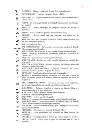 85
PLUMBUM – Chumbo (matéria da Grande Obra no estado negro).
PRAECIPITARE – Precipitar (separar o fixo do volátil).
PRAEPARARE – Preparar (operar no ovo filosofal, antes de empreender a
Grande Obra).
PULVIS – Pó de projeção (pedra filosofal pulverizada para a transmutação
aos metais.).
REGULUS – Regulo (princípio do composto filosofal de enxofre e
mercúrio).
RESINA – Resina (modo de aplicação do enxofre filosófico).
RETORTA – Retorta (vaso recurvado contendo uma chama cor de
chumbo).
SACCHARUM – Suco (mercúrio extraído da matéria da Grande Obra, em
um grau qualquer da operação).
SAL – Sal (princípio fixo).
SAL AMMONIACUM – Sal amoníaco dos filósofos (matéria da Grande
Obra, durante sua sublimação).
SAL MEDIUS – Sal médio (sal de terra contido no mercúrio dos sábios).
SAPO – Sabão dos sábios (azoth utilizado na preparação da matéria da
Grande Obra).
SPIRITUS – Espírito universal (nitro espalhado no ar).
SPIRITUS VINI – Espírito de vinho (enxofre utilizado na extração dos
princípios).
SPIRITUS RECTIFICATUS – Espírito retificado dos filósofos (mercúrio
empregado como dissolvente).
SPIRITUS RECTIFICATISSIMUS – Espírito sublimado dos sábios
(mercúrio purificado, extraído da ganga dos metais).
STANNUM – Estanho dos filósofos (mercúrio branqueado).
STIBIUM – Antimônio (composto de enxofre e de mercúrio, extraído da
ganga dos metais, quando esta passa do estado de magnésia, por efeito da
magnetita).
STRATUM SUPER STRATUM – Cobertura hermética (oxido negríssimo,
que aparece na putrefação, em seguida a coberturas superpostas).
SUBLIMARE – Sublimar (purificar a matéria da Grande Obra por
dissolução e redução de seus princípios).
SUCCINUM – Âmbar (princípio do mercúrio dos sábios).
SULPHUR – Enxofre (princípio volátil).
TARTARUS – Tártaro (dissolvente geral).
TERRA – Terra (ganga dos metais fornecido a matéria da Grande Obra).
TERRA FOLIATA – Terra folhada (estado oxidado da matéria da Grande
Obra, a partir de sua extração da ganga dos metais).
TINCTURA – Tintura (substância muito pura, empregada nos diversos
graus da Grande Obra).
VITRIOLUM – Vitriol (arcano principal da Grande Obra).
VITRIUM – Vidro (substância que constitui as faces internas do
alambique).
VOLATILE – Volátil (qualificativo de tudo que toma o aspecto de enxofre).
URINA – Urina de crianças (parte da ganga dos metais de onde se extrai o
mercúrio).
 