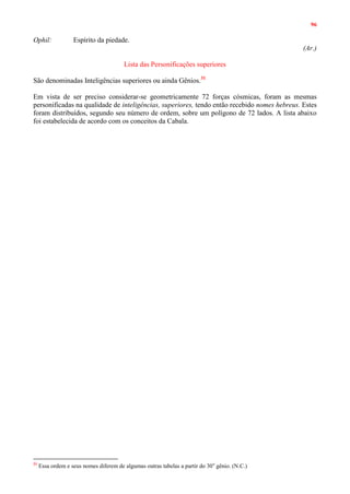 96
Ophil: Espírito da piedade.
(Ar.)
Lista das Personificações superiores
São denominadas Inteligências superiores ou ainda Gênios.31
Em vista de ser preciso considerar-se geometricamente 72 forças cósmicas, foram as mesmas
personificadas na qualidade de inteligências, superiores, tendo então recebido nomes hebreus. Estes
foram distribuídos, segundo seu número de ordem, sobre um polígono de 72 lados. A lista abaixo
foi estabelecida de acordo com os conceitos da Cabala.
31
Essa ordem e seus nomes diferem de algumas outras tabelas a partir do 30o
gênio. (N.C.)
 