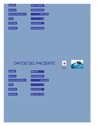 NOMBRE:                CAMILO ANDRES

APELLIDO:              CARDONA SANCH

FECHA DE NACIMIENTO:               08/11/1963

EDAD:                                  49

TELEFONO:              316-685-68-31

DIRECCION:             Calle 81 Nº 63-09




        DATOS DEL PACIENTE
                                                Cerrar
NOMBRE:                ANGELICA

APELLIDO:              REYES MAHECHA

FECHA DE NACIMIENTO:               22/07/2007

EDAD:                                   5

TELEFONO:              321-445-46-87

DIRECCION:             Calle 19 Nº -25-06
 
