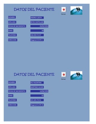 DATOS DEL PACIENTE
                                                Cerrar
NOMBRE:                ANDREA LIZETH

APELLIDO:              REYES CASTELLAN

FECHA DE NACIMIENTO:               29/05/1954

EDAD:                                  58

TELEFONO:              318-459-72-57

DIRECCION:             Diagonal 33 Nº 2-




        DATOS DEL PACIENTE
                                                Cerrar
NOMBRE:                XIU VALENTINA

APELLIDO:              MARTINEZ ALVAR

FECHA DE NACIMIENTO:               14/06/1950

EDAD:                                  62

TELEFONO:              315-325-74-52

DIRECCION:             Diagonal 51 Nº 25
 