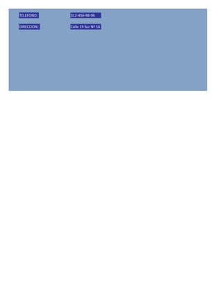 TELEFONO:    312-456-98-96

DIRECCION:   Calle 19 Sur Nº 16
 