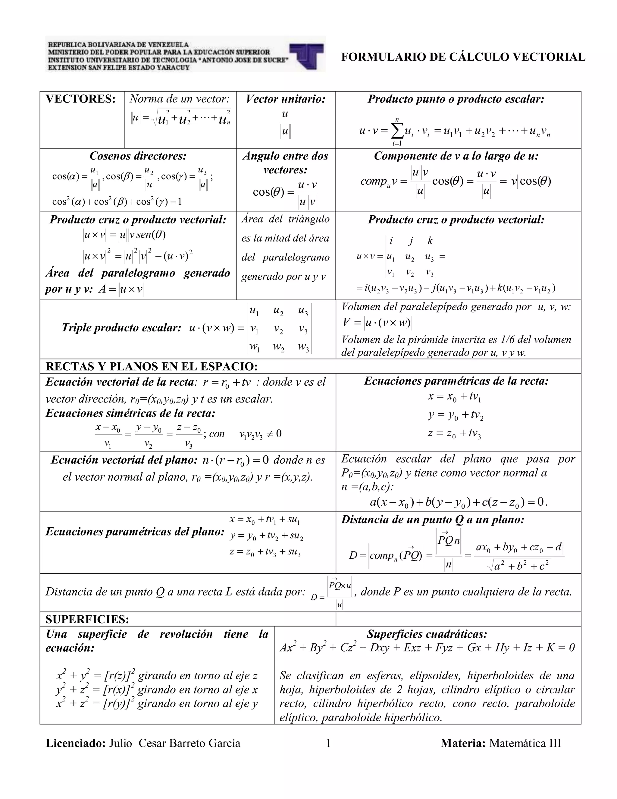Formulario de calculo vectorial | PDF
