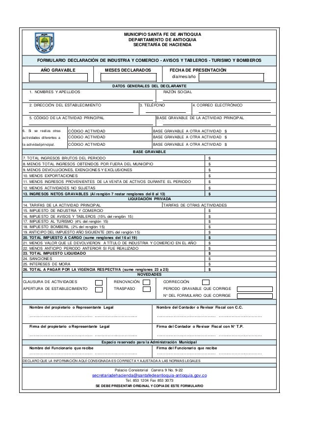FORMULARIO DECLARACIÓN INDUSTRIA Y COMERCIO