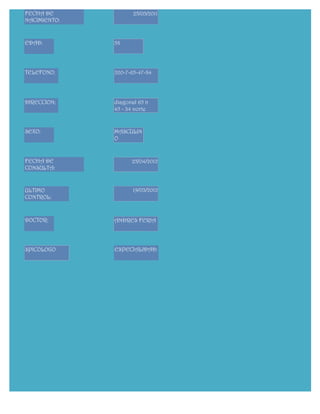 FECHA DE             25/05/2011
NACIMIENTO:


EDAD:         58




TELEFONO:     320-7-65-47-84




DIRECCION:    diagonal 65 n
              45 - 34 norte


SEXO:         MASCULIN
              O


FECHA DE            25/04/2012
CONSULTA:


ULTIMO               19/03/2012
CONTROL:



DOCTOR:       ANDRES FERIA




SPICOLOGO     ESPECIALIDAD:
 