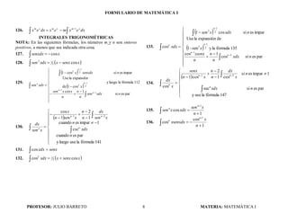 Formulario de derivadas e integrales matematica i uney | PDF