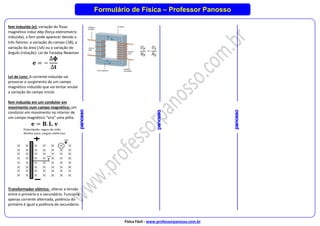 Física Fácil - www.professorpanosso.com.br
Formulário de Física – Professor Panosso
fem induzida (e): variação do fluxo
magnético induz ddp (força eletromotriz
induzida), a fem pode aparecer devido a
três fatores: a variação do campo (B), a
variação da área (A) ou a variação do
ângulo (rotação). Lei de Faraday Newman
𝐞 = −
∆𝛟
∆𝐭
Lei de Lenz: A corrente induzida vai
provocar o surgimento de um campo
magnético induzido que vai tentar anular
a variação do campo inicial.
fem induzida em um condutor em
movimento num campo magnético: um
condutor em movimento no interior de
um campo magnético “vira” uma pilha.
𝐞 = 𝐁. 𝐋. 𝐯
Transformador elétrico: alterar a tensão
entre o primário e o secundário. Funciona
apenas corrente alternada, potência do
primário é igual a potência do secundário.
 