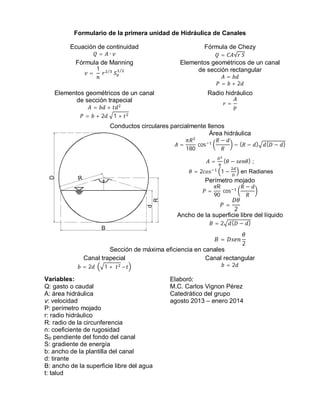 Formulario de la primera unidad de Hidráulica de Canales
Ecuación de continuidad
= ∙
Fórmula de Chezy
= √ 	
Fórmula de Manning
=	
1
	 ⁄
	
⁄
Elementos geométricos de un canal
de sección rectangular
=
= + 2
Elementos geométricos de un canal
de sección trapecial
= +
= + 2 	 1 +
Radio hidráulico
=
Conductos circulares parcialmente llenos
Área hidráulica
=
180
	cos
−
− ( − ) ( − )
= ( − ) ;
= 2 1 − en Radianes
Perímetro mojado
=
R
90
	cos
−
=
2
Ancho de la superficie libre del líquido
= 2 ( − )
=
2
Sección de máxima eficiencia en canales
Canal trapecial
= 2 	 1 +	 	–
Canal rectangular
= 2
Variables:
Q: gasto o caudal
A: área hidráulica
v: velocidad
P: perímetro mojado
r: radio hidráulico
R: radio de la circunferencia
n: coeficiente de rugosidad
S0: pendiente del fondo del canal
S: gradiente de energía
b: ancho de la plantilla del canal
d: tirante
B: ancho de la superficie libre del agua
t: talud
Elaboró:
M.C. Carlos Vignon Pérez
Catedrático del grupo
agosto 2013 – enero 2014
 