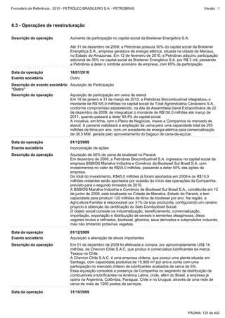 Formulário de Referência - 2010 - PETRÓLEO BRASILEIRO S.A. - PETROBRAS                                            Versão : 1




8.3 - Operações de reestruturação

Descrição da operação            Aumento de participação no capital social da Breitener Energética S.A.

                                 Até 31 de dezembro de 2009, a Petrobras possuía 30% do capital social da Breitener
                                 Energética S.A., empresa geradora de energia elétrica, situada na cidade de Manaus,
                                 no Estado do Amazonas. Em 12 de fevereiro de 2010, a Petrobras adquiriu participação
                                 adicional de 35% no capital social da Breitener Energética S.A. por R$ 3 mil, passando
                                 a Petrobras a deter o controle acionário da empresa, com 65% de participação.

Data da operação                 18/01/2010
Evento societário                Outro
Descrição do evento societário Aquisição de Participação
"Outro"
Descrição da operação            Aquisição de participação em usina de etanol
                                 Em 18 de janeiro e 31 de março de 2010, a Petrobras Biocombustível integralizou o
                                 montante de R$105,0 milhões no capital social da Total Agroindústria Canavieira S.A.,
                                 conforme compromisso estabelecido, na Ata de Assembléia Geral Extraordinária de 22
                                 de dezembro de 2009, de integralizar o montante de R$150,0 milhões até março de
                                 2011, quando passará a deter 40,4% do capital social.
                                 A iniciativa, em linha, com o Plano de Negócios, insere a Companhia no mercado de
                                 etanol. A parceria viabilizará a ampliação da usina para uma capacidade total de 203
                                 milhões de litros por ano, com um excedente de energia elétrica para comercialização
                                 de 38,5 MW, gerada pelo aproveitamento do bagaço de cana-de-açúcar.

Data da operação                 01/12/2009
Evento societário                Incorporação de ações
Descrição da operação            Aquisição de 50% de usina de biodiesel no Paraná
                                 Em dezembro de 2009, a Petrobras Biocombustível S.A. ingressou no capital social da
                                 empresa BSBIOS Marialva Indústria e Comércio de Biodiesel Sul Brasil S.A. com
                                 investimentos no valor de R$55,0 milhões, passando a deter 50% das ações da
                                 empresa.
                                 Do total do investimento, R$45,0 milhões já foram aportados em 2009 e os R$10,0
                                 milhões restantes serão aportados por ocasião do início das operações da Companhia,
                                 previsto para o segundo trimestre de 2010.
                                 A BSBIOS Marialva Indústria e Comércio de Biodiesel Sul Brasil S.A., constituída em 12
                                 de junho de 2009, está localizada na Cidade de Marialva, Estado do Paraná, e tem
                                 capacidade para produzir 120 milhões de litros de biodiesel por ano. Na região, a
                                 Agricultura Familiar é responsável por 31% da soja produzida, configurando um cenário
                                 propício à obtenção da certificação do Selo Combustível Social.
                                 O objeto social consiste na industrialização, beneficiamento, comercialização,
                                 importação, exportação e distribuição de cereais e sementes oleaginosas, óleos
                                 vegetais brutos e refinados, biodiesel, glicerina, seus derivados e subprodutos incluindo,
                                 mas não limitando proteínas vegetais.

Data da operação                 01/12/2009
Evento societário                Aquisição e alienação de ativos importantes
Descrição da operação            Em 01 de dezembro de 2009 foi efetivada a compra, por aproximadamente US$ 14
                                 milhões, da Chevron Chile S.A.C, que produz e comercializa lubrificantes da marca
                                 Texaco no Chile.
                                 A Chevron Chile S.A.C. é uma empresa chilena, que possui uma planta situada em
                                 Santiago, com capacidade produtiva de 15.900 m³ por ano e conta com uma
                                 participação no mercado chileno de lubrificantes acabados de cerca de 6%.
                                 Essa aquisição consolida a presença da Companhia no segmento de distribuição de
                                 combustíveis e lubrificantes na América Latina, onde, além do Brasil, a empresa já
                                 opera na Argentina, Colômbia, Paraguai, Chile e no Uruguai, através de uma rede de
                                 cerca de mais de 1200 postos de serviços.

Data da operação                 31/10/2009




                                                                                                        PÁGINA: 125 de 402
 