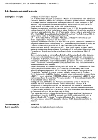 Formulário de Referência - 2010 - PETRÓLEO BRASILEIRO S.A. - PETROBRAS                                             Versão : 1




8.3 - Operações de reestruturação

Descrição da operação            Acordo de Investimento da Braskem
                                 Em 30 de novembro de 2007, foi celebrado o Acordo de Investimentos entre a Braskem,
                                 Odebrecht, Petrobras, Petroquisa e Norquisa, através do qual foi acordada a integração
                                 na Braskem de ativos petroquímicos detidos pela Petrobras e pela Petroquisa, o que
                                 permitiria conjuntamente à Petrobras e Petroquisa aumentarem sua participação no
                                 capital votante da Braskem para 30% e 25%, respectivamente.
                                 Os ativos petroquímicos envolvidos na operação foram: (i) 37,3% do capital votante e
                                 total da Copesul; (ii) 40% do capital votante e total da Ipiranga Petroquímica, subsidiária
                                 integral da Ipiranga Química S.A.; (iii) 40% do capital votante e total da Ipiranga Química
                                 S.A.; (iv) até 100% do capital votante e total da Petroquímica Triunfo S.A.; e (v) 40% do
                                 capital votante e total da Petroquímica Paulínia S.A..
                                 Em 14 de maio de 2008 foi celebrado o Aditivo ao Acordo de Investimentos o qual
                                 dividiu a operação de integração em duas fases.
                                 A primeira fase foi realizada em 30 de maio de 2008, quando a Petrobras e a Petroquisa
                                 integraram na Braskem a Grust Holdings S.A., detentora das participações de 36,5% em
                                 Copesul, 40% em Ipiranga Química S.A. e 40 % em Petroquímica Paulínia S.A.,
                                 passando a deter 30% do capital votante e 23,1% do capital total da Braskem. Nesta
                                 operação de incorporação de ações da Grust Holding S.A. na Braskem foi apurado pela
                                 Petroquisa um deságio sem fundamentação econômica no montante de R$424,2
                                 milhões.
                                 Com a implementação da primeira fase, Petrobras, Petroquisa, Odebrecht e Norquisa,
                                 com a interveniência da Braskem, em 30 de maio de 2008, celebraram o novo acordo
                                 de acionistas da Braskem, ampliando os padrões de governança e possibilitando maior
                                 participação da Petrobras no processo decisório, que passou a indicar 3 conselheiros
                                 para o Conselho de Administração bem como representantes para todos os comitês de
                                 assessoramento a este Conselho.
                                 Dando continuidade ao processo de integração dos ativos, em 11 de setembro de 2008
                                 a Ipiranga Petroquímicaincorporou 100% do capital total da Copesul e em 30 de
                                 setembro a Braskem incorporou 100% do capital total da Ipiranga Petroquímicae da
                                 Petroquímica Paulínia S.A., que se tornaram unidades operacionais da Braskem.
                                 Em 22 de dezembro de 2008 a Braskem cancelou ações em tesouraria, correspondente
                                 a 6.251.744 ações ordinárias, 10.389.665 ações preferenciais classe A e 209.248 ações
                                 preferenciais classe B, passando a Petroquisa a deter 31 % do capital votante e 23,8 %
                                 do capital social total da Braskem.
                                 Na segunda fase, a Petrobras e a Petroquisa exerceram a opção de integrar na
                                 Braskem até 100% do capital votante e total da Petroquímica Triunfo S.A. A
                                 incorporação da Petroquímica Triunfo S.A. na Braskem, nos termos do Protocolo e
                                 Justificação de Incorporação de 7 de abril de 2009, foi aprovada na Assembleia Geral
                                 Extraordinária da Braskem em 30 de abril de 2009 e na Assembleia Geral Extraordinária
                                 da Petroquímica Triunfo S.A. em 5 de maio de 2009.
                                 Essa operação concluiu a integração de ativos prevista no Acordo de Investimentos,
                                 celebrado em novembro de 2007 e aprovada pelo CADE em julho de 2008 entre a
                                 Braskem, Odebrecht, Petrobras, Petroquisa e Norquisa. Com a incorporação, a
                                 Petroquisa passou a deter 31% do capital votante e 25,3% do capital social total da
                                 Braskem.

Data da operação                 30/04/2009
Evento societário                Aquisição e alienação de ativos importantes




                                                                                                         PÁGINA: 127 de 402
 
