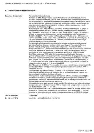 Formulário de Referência - 2010 - PETRÓLEO BRASILEIRO S.A. - PETROBRAS                                       Versão : 1




8.3 - Operações de reestruturação

Descrição da operação            Nova Lei de Hidrocarbonetos
                                 Em abril de 2006, foi aprovada a “Ley Reformatória” à “Ley de Hidrocarburos” no
                                 Equador e regulamentada em julho de 2006, estabelecendo uma participação mínima
                                 do Governo de 50% sobre as receitas extraordinárias geradas por aumentos do preço
                                 de venda do petróleo equatoriano comparado com o preço médio mensal na data da
                                 assinatura dos respectivos contratos de venda do petróleo, expresso em moeda
                                 constante do mês da liquidação.
                                 Em janeiro de 2007, a EcuadorTLC, controlada da Petrobras Energia S.A., pagou o
                                 montante equivalente a R$46,0 milhões cobrado pela Petroecuador, referente ao
                                 período de abril a dezembro de 2006 e, a partir dessa data, a EcuadorTLC passou a
                                 efetuar os pagamentos de acordo com o critério estabelecido pela Petroecuador.
                                 Em julho de 2007, a Petroecuador notificou a EcuardorTLC quanto a diferenças nos
                                 valores calculados para o campo Palo Azul referente ao período de janeiro a junho de
                                 2007 no montante equivalente a R$28,3 milhões, considerando uma metodologia
                                 diferente de cálculo das participações.
                                 Foi solicitado a Petroecuador reconsiderar os critérios adotados para cálculo das
                                 participações,levando-se em conta o critério sugerido pela Procuradoria Geral do
                                 Estado utilizado pela própria Petroecuador em janeiro e fevereiro de 2007.
                                 Em outubro de 2007, a “Dirección Nacional de Hidrocarburos” notificou sobre uma nova
                                 cobrança, referente ao período de 25 de abril de 2006 a 31 de dezembro de 2006
                                 acrescida de juros, que pressupõe uma despesa adicional de US$ 30 milhões.
                                 Em 18 de outubro de 2007, a Lei de Hidrocarbonetos foi alterada, elevando a
                                 participação do Estado sobre os excedentes extraordinários do preço do óleo para 99%,
                                 reduzindo a correspondente participação das companhias petroleiras para 1% sobre
                                 esta parcela. Em 28 de dezembro, a Assembléia Constituinte do Equador aprovou a
                                 “Ley de Equidad Tributaria”, que impõe profunda reforma tributária com a criação de
                                 novos impostos, a partir de 1° de janeiro de 2008.
                                 Em 18 de janeiro de 2008, a Petroecuador comunicou a existência de uma única dívida
                                 de US$ 66 milhões, correspondente a diferenças acumuladas entre abril de 2006 e
                                 dezembro de 2007.
                                 Suportada em argumentos legais, a EcuadorTLC S.A. considera improcedente a
                                 interpretação da Petroecuador e, portanto, não foi registrado qualquer impacto nas
                                 demonstrações contábeis da citada cobrança.
                                 O conjunto de mudanças trazidas pela mencionada reforma, modificou as condições
                                 estabelecidas entre as partes quando da aprovação dos respectivos contratos de
                                 participação, afetando a previsão de rentabilidade dos atuais negócios no Equador e a
                                 recuperabilidade dos investimentos realizados.
                                 Conseqüentemente, para adequar o valor contábil dos ativos ao seu valor estimado de
                                 recuperação, em 31 de dezembro de 2007 foi reconhecida uma provisão no montante
                                 de R$ 308.796 mil (US$ 174.333 mil).
                                 Em 31 de dezembro de 2008, a Petrobras Energia Ecuador S.A. assinou acordo com o
                                 governo do Equador para devolução da concessão do bloco exploratório 31, no qual
                                 implicou no reconhecimento de perda no montante equivalente de R$181,6 milhões.

Data da operação                 17/09/2008
Evento societário                Aquisição e alienação de ativos importantes




                                                                                                    PÁGINA: 130 de 402
 
