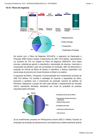 Formulário de Referência - 2010 - PETRÓLEO BRASILEIRO S.A. - PETROBRAS                                                                       Versão : 1


 10.10 - Plano de negócios

                                          31,6              (17,0)                                            10,3
                                                                             (6,8)           19,3




                                                                                                                            224
                       186,6


                     Investimento        Novos            Projetos    Mudanç de
                                                                      Mudança              Mudança
                                                                                           Mudanç         Mudança de
                                                                                                          Mudanç
                                                                                                                         PN 2010-2014
                                                                                                                            2010-
                     2010-2014 do
                     2010-               projetos         excluídos
                                                          excluí      cronograma           de custo e     participação
                                                                                                          participaç
                     PN 2009-2013
                        2009-                                                              de escopo      societária
                                                                                                          societá


                                                      1%


                                           21%            0,3                                           Abastecimento
                                                    6,5
                                                                                                        Gás e Energia
                                                                      19,7
                                                    5,1                              62%
                                                                                                        Corporativo

                                          16%
                                                                                                        Exploração e Produção



           De acordo com o Plano de Negócios 2010-2014, o segmento de Exploração e
           Produção (E&P) deverá receber investimentos de US$ 118,8 bilhões, representando
           um aumento de 14% em relação ao Plano de Negócios 2009-2013. Com esses
           recursos, pretende-se garantir a descoberta e apropriação de reservas, maximizar a
           recuperação de petróleo e gás nas concessões em produção, além de desenvolver a
           produção do Pré-sal da Bacia de Santos e intensificar o esforço exploratório nas
           outras áreas do pré-sal e em novas fronteiras no Brasil e no exterior.

           O segmento de Refino, Transporte e Comercialização tem investimentos previstos de
           US$ 73,6 bilhões. Foi mantida a estratégia de expandir a capacidade de refino,
           buscando o equilíbrio com o crescimento da produção nacional de petróleo da
           Petrobras, adequando o parque de refino para atender o abastecimento do mercado
           interno, exportando derivados, atendendo aos níveis de qualidade de produtos
           requeridos pelos mercados.

                                           3%1%
                                    6%                                                        Ampliação do Parque de Refino


                       11%                                                                    Atendimento do Mercado Interno
                                                                                              (Qualidade)
                                                                                              Melhoria Operacional

                                                                      50%                     Ampliação de Frotas


                                                                                              Destinação do Óleo Nacional

                        29%                                                                   Internacional




           Já os investimentos previstos em Petroquímica somam US$ 5,1 bilhões, focando na
           ampliação da produção de petroquímicos e de biopolímeros preferencialmente através




                                                                                                                                    PÁGINA: 230 de 402
 