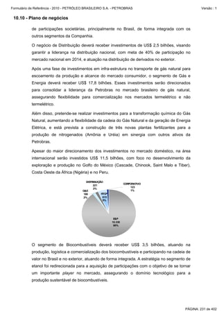Formulário de Referência - 2010 - PETRÓLEO BRASILEIRO S.A. - PETROBRAS                                 Versão : 1


 10.10 - Plano de negócios

           de participações societárias, principalmente no Brasil, de forma integrada com os
           outros segmentos da Companhia.

           O negócio de Distribuição deverá receber investimentos de US$ 2,5 bilhões, visando
           garantir a liderança na distribuição nacional, com meta de 40% de participação no
           mercado nacional em 2014, e atuação na distribuição de derivados no exterior.

           Após uma fase de investimentos em infra-estrutura no transporte de gás natural para
           escoamento da produção e alcance do mercado consumidor, o segmento de Gás e
           Energia deverá receber US$ 17,8 bilhões. Esses investimentos serão direcionados
           para consolidar a liderança da Petrobras no mercado brasileiro de gás natural,
           assegurando flexibilidade para comercialização nos mercados termelétrico e não
           termelétrico.

           Além disso, pretende-se realizar investimentos para a transformação química do Gás
           Natural, aumentando a flexibilidade da cadeia do Gás Natural e da geração de Energia
           Elétrica, e está prevista a construção de três novas plantas fertilizantes para a
           produção de nitrogenados (Amônia e Uréia) em sinergia com outros ativos da
           Petrobras.

           Apesar do maior direcionamento dos investimentos no mercado doméstico, na área
           internacional serão investidos US$ 11,5 bilhões, com foco no desenvolvimento da
           exploração e produção no Golfo do México (Cascade, Chinook, Saint Malo e Tiber),
           Costa Oeste da África (Nigéria) e no Peru.

                                            DISTRIBUIÇÃO
                                                                       CORPORATIVO
                                                 221
                                                                           123
                                                 2%
                                         G&E                               1%
                                          186          RTCP
                                         2%             615
                                                        5%




                                                               E&P
                                                              10.330
                                                               90%




           O segmento de Biocombustíveis deverá receber US$ 3,5 bilhões, atuando na
           produção, logística e comercialização dos biocombustíveis e participando na cadeia de
           valor no Brasil e no exterior, atuando de forma integrada. A estratégia no segmento de
           etanol foi redirecionada para a aquisição de participações com o objetivo de se tornar
           um importante player no mercado, assegurando o domínio tecnológico para a
           produção sustentável de biocombustíveis.




                                                                                              PÁGINA: 231 de 402
 
