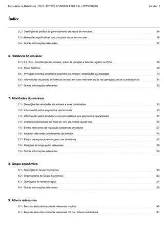 Formulário de Referência - 2010 - PETRÓLEO BRASILEIRO S.A. - PETROBRAS                                                  Versão : 1




Índice


       5.2 - Descrição da política de gerenciamento de riscos de mercado                                                       64

       5.3 - Alterações significativas nos principais riscos de mercado                                                        66

       5.4 - Outras informações relevantes                                                                                     67




6. Histórico do emissor
       6.1 / 6.2 / 6.4 - Constituição do emissor, prazo de duração e data de registro na CVM                                   68

       6.3 - Breve histórico                                                                                                   69

       6.5 - Principais eventos societários ocorridos no emissor, controladas ou coligadas                                     70

       6.6 - Informações de pedido de falência fundado em valor relevante ou de recuperação judicial ou extrajudicial          91

       6.7 - Outras informações relevantes                                                                                     92




7. Atividades do emissor
       7.1 - Descrição das atividades do emissor e suas controladas                                                            93

       7.2 - Informações sobre segmentos operacionais                                                                          95

       7.3 - Informações sobre produtos e serviços relativos aos segmentos operacionais                                        97

       7.4 - Clientes responsáveis por mais de 10% da receita líquida total                                                  106

       7.5 - Efeitos relevantes da regulação estatal nas atividades                                                          107

       7.6 - Receitas relevantes provenientes do exterior                                                                    115

       7.7 - Efeitos da regulação estrangeira nas atividades                                                                 117

       7.8 - Relações de longo prazo relevantes                                                                              118

       7.9 - Outras informações relevantes                                                                                   119




8. Grupo econômico
       8.1 - Descrição do Grupo Econômico                                                                                    120

       8.2 - Organograma do Grupo Econômico                                                                                  123

       8.3 - Operações de reestruturação                                                                                     124

       8.4 - Outras informações relevantes                                                                                   139




9. Ativos relevantes
       9.1 - Bens do ativo não-circulante relevantes - outros                                                                140

       9.1 - Bens do ativo não-circulante relevantes / 9.1.a - Ativos imobilizados                                           141
 