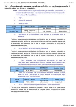 Formulário de Referência - 2010 - PETRÓLEO BRASILEIRO S.A. - PETROBRAS                                            Versão : 1


 13.10 - Informações sobre planos de previdência conferidos aos membros do conselho de
 administração e aos diretores estatutários
               13.10. Em relação aos planos de previdência em vigor conferidos aos membros do
                       conselho de administração e aos diretores estatutários, fornecer as seguintes
                       informações em forma de tabela:

                  a.          órgão

                  b.          número de membros

                  c.          nome do plano

             Período                    Diretoria Executiva     Conselho de Administração     Conselho Fiscal
              2009                                7                   Não praticado            Não praticado
                                         Petros, Petros 2 ou
         Nome do Plano                                                Não praticado            Não praticado
                                      reembolso plano privado
                  d.       quantidade de administradores que reúnem as condições para se
                          aposentar

           Tendo em vista que os administradores da Petrobras são de natureza estatutária e,
           consequentemente, podem ser destituídos do cargo a qualquer momento por decisão
           da Assembléia dos Acionistas, não há que se cogitar o quantitativo ou condições de
           aposentadoria antecipada.

                  e.          condições para se aposentar antecipadamente

           Tendo em vista que os administradores da Petrobras são de natureza estatutária e,
           consequentemente, podem ser destituídos do cargo a qualquer momento por decisão
           da Assembléia dos Acionistas, não há que se cogitar o quantitativo ou condições de
           aposentadoria antecipada.

                  f.           valor atualizado das contribuições acumuladas no plano de
                          previdência até o encerramento do último exercício social, descontada a
                          parcela relativa a contribuições feitas diretamente pelos administradores

                                                                  Conselho de
                  Período               Diretoria Executiva                            Conselho Fiscal
                                                                 Administração
                       2009               R$ 98.455,05           não praticado          não praticado
                  g.       valor total acumulado das contribuições realizadas durante o último
                          exercício social, descontada a parcela relativa a contribuições feitas
                          diretamente pelos administradores
                                                                  Conselho de
                  Período               Diretoria Executiva                            Conselho Fiscal
                                                                 Administração
                       2009                R$ 98.455,05          não praticado          não praticado

                  h.          se há a possibilidade de resgate antecipado e quais as condições

           Os planos de previdência possuem condições e regras específicas para resgate
           antecipado, dentre elas a possibilidade do resgate apenas de parte dos aportes
           efetuados pelos participantes.




                                                                                                         PÁGINA: 301 de 402
 