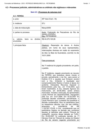 Formulário de Referência - 2010 - PETRÓLEO BRASILEIRO S.A. - PETROBRAS                                    Versão : 1


 4.3 - Processos judiciais, administrativos ou arbitrais não sigilosos e relevantes

                                    Item 4.3 - Processos de natureza cível

           4.3 - FEPERJ
           a. juízo                                25ª Vara Cível – RJ

           b. instância                            STJ

           c. data de instauração                  Março/2000

           d. partes no processo                   Autor: Federação de Pescadores do Rio de
                                                   Janeiro (FEPERJ)
                                                   Réu: PETROBRAS
           e. valores,      bens    ou   direitos R$ 44.270.125,06
           envolvidos

           f. principais fatos                     Objeto(s): Reparação de danos. A Autora
                                                   pleiteia, em nome de seus representados,
                                                   indenizações diversas em razão do vazamento
                                                   de óleo na Baia da Guanabara, ocorrido no dia
                                                   18.01.2000.

                                                   Fase processual:

                                                   Na 1ª instância foi julgado procedente, em parte,
                                                   o pedido.

                                                   Na 2ª instância, negado provimento ao recurso
                                                   da FEPERJ que postulava danos morais e
                                                   provido, parcialmente, o da Cia., para excluir a
                                                   Colônia Z-13 e aqueles que firmaram acordo
                                                   com a Cia., limitando a liquidação aos
                                                   comprovadamente filiados à Autora à época do
                                                   acidente. Interpostos Recursos Especial e
                                                   Extraordinário pela Cia., em 17.02.2003, que
                                                   foram inadmitidos. A Cia. interpôs Agravos de
                                                   Instrumento, em 26.06.2003, sendo ambos
                                                   improvidos. Iniciada a execução, foi apresentado
                                                   Laudo Pericial em dezembro/2005, impugnado
                                                   pela Cia. em 10.01.2006. Em 02.02.2007 foi
                                                   publicada decisão acolhendo, parcialmente, o
                                                   Laudo Pericial e que, a pretexto de quantificar a
                                                   decisão condenatória, fixou os parâmetros para
                                                   os respectivos cálculos, que, por tais critérios,
                                                   alcançaria      a     importância      de     R$
                                                   1.102.207.176,00. A Cia., considerando que os
                                                   parâmetros fixados na decisão são contrários
                                                   àqueles já definidos pelo próprio Tribunal de
                                                   Justiça/RJ, recorreu dessa decisão ao TJ/RJ.
                                                   Em 29.06.2007 foi publicada decisão da 1ª
                                                   Câmara Cível do Tribunal de Justiça do Estado
                                                   do Rio de Janeiro negando provimento ao



                                                                                                  PÁGINA: 31 de 402
 