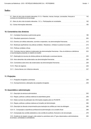 Formulário de Referência - 2010 - PETRÓLEO BRASILEIRO S.A. - PETROBRAS                                                     Versão : 1




Índice

       9.1 - Bens do ativo não-circulante relevantes / 9.1.b - Patentes, marcas, licenças, concessões, franquias e              142
       contratos de transferência de tecnologia

       9.1 - Bens do ativo não-circulante relevantes / 9.1.c - Participações em sociedades                                      162

       9.2 - Outras informações relevantes                                                                                      185




10. Comentários dos diretores
       10.1 - Condições financeiras e patrimoniais gerais                                                                       186

       10.2 - Resultado operacional e financeiro                                                                                204

       10.3 - Eventos com efeitos relevantes, ocorridos e esperados, nas demonstrações financeiras                              212

       10.4 - Mudanças significativas nas práticas contábeis - Ressalvas e ênfases no parecer do auditor                        215

       10.5 - Políticas contábeis críticas                                                                                      219

       10.6 - Controles internos relativos à elaboração das demonstrações financeiras - Grau de eficiência e deficiência        223
       e recomendações presentes no relatório do auditor

       10.7 - Destinação de recursos de ofertas públicas de distribuição e eventuais desvios                                    225

       10.8 - Itens relevantes não evidenciados nas demonstrações financeiras                                                   226

       10.9 - Comentários sobre itens não evidenciados nas demonstrações financeiras                                            228

       10.10 - Plano de negócios                                                                                                229

       10.11 - Outros fatores com influência relevante                                                                          237




11. Projeções
       11.1 - Projeções divulgadas e premissas                                                                                  238

       11.2 - Acompanhamento e alterações das projeções divulgadas                                                              249




12. Assembléia e administração
       12.1 - Descrição da estrutura administrativa                                                                             252

       12.2 - Regras, políticas e práticas relativas às assembleias gerais                                                      259

       12.3 - Datas e jornais de publicação das informações exigidas pela Lei nº6.404/76                                        263

       12.4 - Regras, políticas e práticas relativas ao Conselho de Administração                                               266

       12.5 - Descrição da cláusula compromissória para resolução de conflitos por meio de arbitragem                           268

       12.6 / 8 - Composição e experiência profissional da administração e do conselho fiscal                                   269

       12.7 - Composição dos comitês estatutários e dos comitês de auditoria, financeiro e de remuneração                       278

       12.9 - Existência de relação conjugal, união estável ou parentesco até o 2º grau relacionadas a administradores          283
       do emissor, controladas e controladores
 