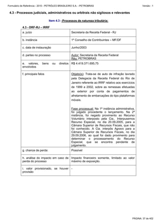 Formulário de Referência - 2010 - PETRÓLEO BRASILEIRO S.A. - PETROBRAS                                    Versão : 1


 4.3 - Processos judiciais, administrativos ou arbitrais não sigilosos e relevantes

                                   Item 4.3 - Processos de natureza tributária:

           4.3 - DRF-RJ – IRRF
           a. juízo                                Secretaria da Receita Federal - RJ

           b. instância                            1º Conselho de Contribuintes – MF/DF

           c. data de instauração                  Junho/2003

           d. partes no processo                   Autor: Secretaria da Receita Federal
                                                   Réu: PETROBRAS
           e. valores,      bens     ou   direitos R$ 4.419.371.695,75
           envolvidos

           f. principais fatos                     Objeto(s): Trata-se de auto de infração lavrado
                                                   pela Delegacia da Receita Federal do Rio de
                                                   Janeiro referente ao IRRF relativo aos exercícios
                                                   de 1999 a 2002, sobre as remessas efetuadas
                                                   ao exterior por conta de pagamentos de
                                                   afretamento de embarcações do tipo plataformas
                                                   móveis.

                                                   Fase processual: Na 1ª instância administrativa,
                                                   foi julgado procedente o lançamento. Na 2ª
                                                   instância, foi negado provimento ao Recurso
                                                   Voluntário interposto pela Cia.. Interpusemos
                                                   Recurso Especial, no dia 20.09.2005, para a
                                                   Câmara Superior de Recursos Fiscais, que não
                                                   foi conhecido. A Cia. interpôs Agravo para a
                                                   Câmara Superior de Recursos Fiscais, no dia
                                                   29.09.2006, ao qual foi dado provimento para
                                                   determinar o processamento do Recurso
                                                   Especial, que se encontra pendente de
                                                   julgamento.
           g. chance de perda:                     Possível

           h. análise do impacto em caso de Impacto financeiro somente, limitado ao valor
           perda do processo                máximo de exposição.

           i. valor provisionado, se houver -
           provisão




                                                                                                  PÁGINA: 37 de 402
 