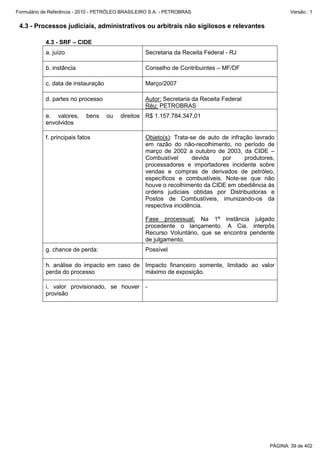 Formulário de Referência - 2010 - PETRÓLEO BRASILEIRO S.A. - PETROBRAS                                   Versão : 1


 4.3 - Processos judiciais, administrativos ou arbitrais não sigilosos e relevantes

           4.3 - SRF – CIDE
           a. juízo                                Secretaria da Receita Federal - RJ

           b. instância                            Conselho de Contribuintes – MF/DF

           c. data de instauração                  Março/2007

           d. partes no processo                   Autor: Secretaria da Receita Federal
                                                   Réu: PETROBRAS
           e. valores,      bens    ou   direitos R$ 1.157.784.347,01
           envolvidos

           f. principais fatos                     Objeto(s): Trata-se de auto de infração lavrado
                                                   em razão do não-recolhimento, no período de
                                                   março de 2002 a outubro de 2003, da CIDE –
                                                   Combustível       devida    por      produtores,
                                                   processadores e importadores incidente sobre
                                                   vendas e compras de derivados de petróleo,
                                                   específicos e combustíveis. Note-se que não
                                                   houve o recolhimento da CIDE em obediência às
                                                   ordens judiciais obtidas por Distribuidoras e
                                                   Postos de Combustíveis, imunizando-os da
                                                   respectiva incidência.

                                                   Fase processual: Na 1ª instância julgado
                                                   procedente o lançamento. A Cia. interpôs
                                                   Recurso Voluntário, que se encontra pendente
                                                   de julgamento.
           g. chance de perda:                     Possível

           h. análise do impacto em caso de Impacto financeiro somente, limitado ao valor
           perda do processo                máximo de exposição.

           i. valor provisionado, se houver -
           provisão




                                                                                                 PÁGINA: 39 de 402
 