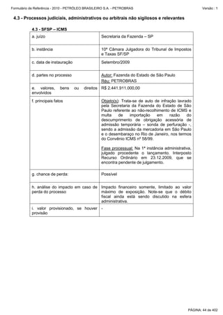 Formulário de Referência - 2010 - PETRÓLEO BRASILEIRO S.A. - PETROBRAS                                   Versão : 1


 4.3 - Processos judiciais, administrativos ou arbitrais não sigilosos e relevantes

           4.3 - SFSP – ICMS
           a. juízo                                Secretaria da Fazenda – SP


           b. instância                            10ª Câmara Julgadora do Tribunal de Impostos
                                                   e Taxas SF/SP
           c. data de instauração                  Setembro/2009


           d. partes no processo                   Autor: Fazenda do Estado de São Paulo
                                                   Réu: PETROBRAS
           e. valores,      bens    ou   direitos R$ 2.441.911.000,00
           envolvidos
           f. principais fatos                     Objeto(s): Trata-se de auto de infração lavrado
                                                   pela Secretaria da Fazenda do Estado de São
                                                   Paulo referente ao não-recolhimento de ICMS e
                                                   multa    de    importação    em     razão    do
                                                   descumprimento de obrigação acessória de
                                                   admissão temporária – sonda de perfuração -,
                                                   sendo a admissão da mercadoria em São Paulo
                                                   e o desembaraço no Rio de Janeiro, nos termos
                                                   do Convênio ICMS nº 58/99.

                                                   Fase processual: Na 1ª instância administrativa,
                                                   julgado procedente o lançamento. Interposto
                                                   Recurso Ordinário em 23.12.2009, que se
                                                   encontra pendente de julgamento.

           g. chance de perda:                     Possível


           h. análise do impacto em caso de Impacto financeiro somente, limitado ao valor
           perda do processo                máximo de exposição. Note-se que o débito
                                            fiscal ainda está sendo discutido na esfera
                                            administrativa.
           i. valor provisionado, se houver -
           provisão




                                                                                                 PÁGINA: 44 de 402
 