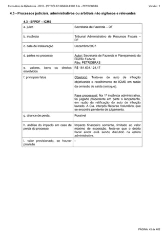 Formulário de Referência - 2010 - PETRÓLEO BRASILEIRO S.A. - PETROBRAS                                   Versão : 1


 4.3 - Processos judiciais, administrativos ou arbitrais não sigilosos e relevantes

           4.3 - SFPDF – ICMS
           a. juízo                                Secretaria da Fazenda – DF


           b. instância                            Tribunal Administrativo de Recursos Fiscais –
                                                   DF
           c. data de instauração                  Dezembro/2007


           d. partes no processo                   Autor: Secretaria de Fazenda e Planejamento do
                                                   Distrito Federal.
                                                   Réu: PETROBRAS
           e. valores,      bens    ou   direitos R$ 181.631.124,17
           envolvidos
           f. principais fatos                     Objeto(s): Trata-se de auto de infração
                                                   objetivando o recolhimento de ICMS em razão
                                                   da omissão de saída (estoque).

                                                   Fase processual: Na 1ª instância administrativa,
                                                   foi julgado procedente em parte o lançamento,
                                                   em razão da retificação do auto de infração
                                                   lavrado. A Cia. interpôs Recurso Voluntário, que
                                                   se encontra pendente de julgamento.
           g. chance de perda:                     Possível


           h. análise do impacto em caso de Impacto financeiro somente, limitado ao valor
           perda do processo                máximo de exposição. Note-se que o débito
                                            fiscal ainda está sendo discutido na esfera
                                            administrativa.
           i. valor provisionado, se houver -
           provisão




                                                                                                 PÁGINA: 45 de 402
 