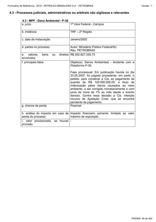 Formulário de Referência - 2010 - PETRÓLEO BRASILEIRO S.A. - PETROBRAS                                 Versão : 1


 4.3 - Processos judiciais, administrativos ou arbitrais não sigilosos e relevantes

           4.3 - MPF - Dano Ambiental - P-36
           a. juízo                          1ª Vara Federal - Campos

           b. instância                            TRF – 2ª Região

           c. data de instauração                  Janeiro/2002

           d. partes no processo                   Autor: Ministério Público Federal/RJ
                                                   Réu: PETROBRAS
           e. valores, bens         ou    direitos R$ 262.827.330,73
           envolvidos
           f. principais fatos                     Objeto(s): Danos Ambientais - Acidente com a
                                                   Plataforma P-36.

                                                   Fase processual: Em publicação havida no dia
                                                   23.05.2007, foi julgado procedente, em parte, o
                                                   pedido, para condenar a Cia. ao pagamento da
                                                   quantia de R$ 100.000.000,00, a título de
                                                   indenização pelos danos causados ao meio
                                                   ambiente, a ser corrigido monetariamente e com
                                                   juros de mora de 1% ao mês desde o evento
                                                   danoso. Contra essa decisão a Cia. interpôs
                                                   recurso de Apelação Cível, que se encontra
                                                   pendente de julgamento.
           g. chance de perda:                     Possível

           h. análise do impacto em caso de Impacto financeiro somente, limitado ao valor
           perda do processo                máximo de exposição.
           i. valor provisionado, se houver -
           provisão




                                                                                               PÁGINA: 49 de 402
 