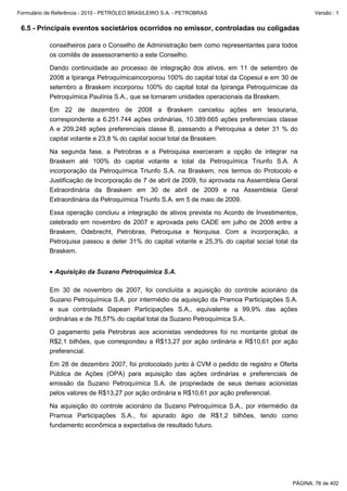Formulário de Referência - 2010 - PETRÓLEO BRASILEIRO S.A. - PETROBRAS                               Versão : 1


 6.5 - Principais eventos societários ocorridos no emissor, controladas ou coligadas

           conselheiros para o Conselho de Administração bem como representantes para todos
           os comitês de assessoramento a este Conselho.

           Dando continuidade ao processo de integração dos ativos, em 11 de setembro de
           2008 a Ipiranga Petroquímicaincorporou 100% do capital total da Copesul e em 30 de
           setembro a Braskem incorporou 100% do capital total da Ipiranga Petroquímicae da
           Petroquímica Paulínia S.A., que se tornaram unidades operacionais da Braskem.

           Em 22 de dezembro de 2008 a Braskem cancelou ações em tesouraria,
           correspondente a 6.251.744 ações ordinárias, 10.389.665 ações preferenciais classe
           A e 209.248 ações preferenciais classe B, passando a Petroquisa a deter 31 % do
           capital votante e 23,8 % do capital social total da Braskem.

           Na segunda fase, a Petrobras e a Petroquisa exerceram a opção de integrar na
           Braskem até 100% do capital votante e total da Petroquímica Triunfo S.A. A
           incorporação da Petroquímica Triunfo S.A. na Braskem, nos termos do Protocolo e
           Justificação de Incorporação de 7 de abril de 2009, foi aprovada na Assembleia Geral
           Extraordinária da Braskem em 30 de abril de 2009 e na Assembleia Geral
           Extraordinária da Petroquímica Triunfo S.A. em 5 de maio de 2009.

           Essa operação concluiu a integração de ativos prevista no Acordo de Investimentos,
           celebrado em novembro de 2007 e aprovada pelo CADE em julho de 2008 entre a
           Braskem, Odebrecht, Petrobras, Petroquisa e Norquisa. Com a incorporação, a
           Petroquisa passou a deter 31% do capital votante e 25,3% do capital social total da
           Braskem.


           • Aquisição da Suzano Petroquímica S.A.

           Em 30 de novembro de 2007, foi concluída a aquisição do controle acionário da
           Suzano Petroquímica S.A. por intermédio da aquisição da Pramoa Participações S.A.
           e sua controlada Dapean Participações S.A., equivalente a 99,9% das ações
           ordinárias e de 76,57% do capital total da Suzano Petroquímica S.A..

           O pagamento pela Petrobras aos acionistas vendedores foi no montante global de
           R$2,1 bilhões, que correspondeu a R$13,27 por ação ordinária e R$10,61 por ação
           preferencial.

           Em 28 de dezembro 2007, foi protocolado junto à CVM o pedido de registro e Oferta
           Pública de Ações (OPA) para aquisição das ações ordinárias e preferenciais de
           emissão da Suzano Petroquímica S.A. de propriedade de seus demais acionistas
           pelos valores de R$13,27 por ação ordinária e R$10,61 por ação preferencial.

           Na aquisição do controle acionário da Suzano Petroquímica S.A., por intermédio da
           Pramoa Participações S.A., foi apurado ágio de R$1,2 bilhões, tendo como
           fundamento econômica a expectativa de resultado futuro.




                                                                                             PÁGINA: 76 de 402
 