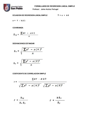 FORMULARIO DE REGRESION LINEAL SIMPLE
Profesor: Jaime Muñoz Portugal
ECUACION DE REGRESION LINEAL SIMPLE Ŷ = a + b X
a = Ῡ - b ( )
COVARIANZA
DESVIACIONES ESTANDAR
COEFICIENTE DE CORRELACION SIMPLE
 