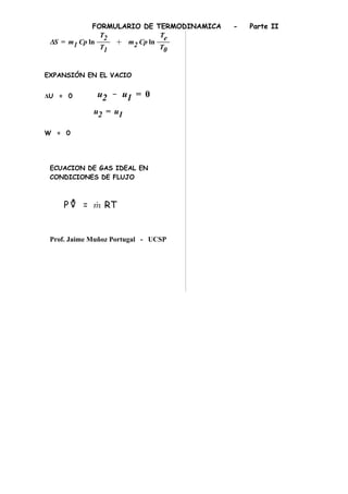 FORMULARIO DE TERMODINAMICA - Parte II
EXPANSIÓN EN EL VACIO
ΔU = 0
W = 0
ECUACION DE GAS IDEAL EN
CONDICIONES DE FLUJO
P = RT
Prof. Jaime Muñoz Portugal - UCSP
 