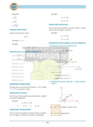 - 86 -
Ejemplos:
__
i) √-3
__
ii)
6
√-5
____
iii)
8
√-64
UNIDAD IMAGINARIA
Según la notación de Gauss:
__
√-1 = i
de donde: i2
= -1
Ejemplo:
___ ___ ___
√-16 = √16 . √-1 = 4i
POTENCIAS DE LA UNIDAD IMAGINARIA
__
1) i1
= (√-1 )1
= i
__
2) i2
= (√-1 )2
= -1
3) i3
= i2
. i = -i
4) i4
= i2
. i2
= 1
5) i5
= i4
. i = i
6) i6
= i4
. i3
= -1
7) i7
= i4
. i3
= -i
8) i8
= i4
. i4
= 1
NÚMEROS COMPLEJOS
Se llama así a un número de la forma “a + bi”, donde
“a” y “b” son números reales.
COMPLEJOS IGUALES
Son los que tienen iguales sus partes reales e iguales
sus partes imaginarias.
Ejemplo:
a + bi = c + di
⇔ a = c ∧ b = d
COMPLEJOS CONJUGADOS
Son los que tienen iguales sus partes reales; e iguales,
pero de signos contrarios sus partes imaginarias.
Ejemplo:
z1
= a + bi
z2
= a - b i
COMPLEJOS OPUESTOS
Son los que tienen iguales sus partes reales e imagi-
narias, pero de signos contarios.
Ejemplo:
z1
= a + bi
z2
= -a - bi
REPRESENTACIÓN GRÁFICA DE UN COMPLEJO
1) REPRESENTACIÓN CARTESIANA
y, eje imaginario
y = a + bi
i {
123
1 x, eje real
Sea: y = a + bi
Unidad sobre el eje y: i
Unidad sobre el eje x: 1
2) REPRESENTACIÓN POLAR O TRIGONOMÉ-
TRICA
y
ρ
b
θ
a x
______
ρ = √a2
+ b2
módulo o radio vector.
b
θ = arco tg –– argumento.
a
 