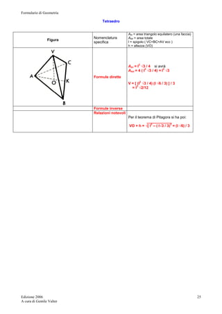 Formulario di Geometria 
Edizione 2006 
A cura di Gentile Valter 
25 
Tetraedro 
Figura Nomenclatura 
specifica 
Atri = area triangolo equilatero (una faccia) 
Atot = area totale 
l = spigolo ( VC=BC=AV ecc ) 
h = altezza (VO) 
Formule dirette 
Atri = l2 √3 / 4 si avrà 
Atot = 4 ( l2 √3 / 4) = l2 √3 
V = [ (l2 √3 / 4) (l √6 / 3) ] / 3 
= l3 √2/12 
Formule inverse 
Relazioni notevoli 
Per il teorema di Pitagora si ha poi: 
____________ 
VO = h = √[ l2 – ( l√3 / 3)2 = (l √6) / 3 
 