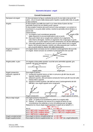 Formulario di Geometria 
Edizione 2006 
A cura di Gentile Valter 
4 
Geometria del piano : angoli 
Concetti fondamentali 
Semipiani ed angoli: Si dice semipiano la figura costituita dai punti di una retta e dai punti del 
piano , che si trovano dalla stessa parte rispetto a quella della retta, la quale 
si dice contorno. 
Angolo: Si dice angolo una delle due parti in cui viene diviso il piano da due 
semirette uscenti da uno stesso punto; oppure 
Si dice angolo l’insieme dei punti comuni a due semipiani i cui contorni si 
incontrano in un punto detto vertice, mentre le semirette che lo limitano si 
dicono lati. A 
Osservazione : 
1) Un angolo si può considerare generato O angolo AÔB 
dalla rotazione di una semiretta attorno ad un punto B 
2) Due punti interni ad un angolo sono estremi di un segmento 
tutto interno all’angolo, mentre un segmento che congiunge un punto 
interno con un punto esterno incontra certamente uno dei lati dell'angolo 
3) Una retta passante per il vertice e per un punto interno ad un angolo 
lascia i lati da parti opposte, mentre una retta passante per il vertice e 
per un punto esterno, lascia i lati dalla stessa parte. 
Angolo convesso e 
concavo: 
Un angolo dicesi convesso se non contiene il prolungamento dei suoi lati; 
Un angolo dicesi concavo se contiene il prolungamento dei suoi lati 
A 
O convesso 
concavo 
B 
Angolo piatto e giro: Un angolo si dice piatto quando i suoi lati sono semirette opposte; giro 
quando i lati sono sovrapposti. 
┼ O 
O 
angolo piatto angolo giro 
Angoli consecutivi, 
adiacenti, opposti al 
vertice: 
Due angoli si dicono: 
1) consecutivi quando hanno un lato in comune e gli altri due da parti 
opposte rispetto a questo lato; 
2) adiacenti quando, oltre ad essere consecutivi hanno gli altri due lati sulla 
stessa retta e opposti; 
3) opposti al vertice quando i lati dell’uno sono il prolungamento dei lati 
dell’altro; due angoli opposti sono congruenti. 
C β A 
A B B γ δ 
α B 
C D O 
O A O C α = β γ = δ 
Angoli consecutivi angoli adiacenti angoli opposti al vertice 
Misura degli angoli: Gli angoli possono misurarsi in : 
1) gradi : un grado è la novantesima parte di un angolo retto 
2) radianti : un radiante è la misura di un angolo al centro di una 
circonferenza che sottende un arco di lunghezza pari al raggio 
Relazione tra misure degli angoli espresse in gradi (α )e radianti ( r ) 
360° : 2π = α : r 
da cui r = π α / 180 o α = 180 r /π 
se α < 90° ( π/2) = angolo acuto se α = 90° ( π/2) = angolo retto 
se α > 90° ( π/2) = angolo ottuso se α = 180° ( π) = angolo piatto 
se α = 360° (2 π) = angolo giro 
Angoli complementari: Due angoli si dicono complementari se: α + β = 90° 
Angoli supplementari: Due angoli si dicono supplementari se: α + β = 180° (es. angoli adiacenti) 
 