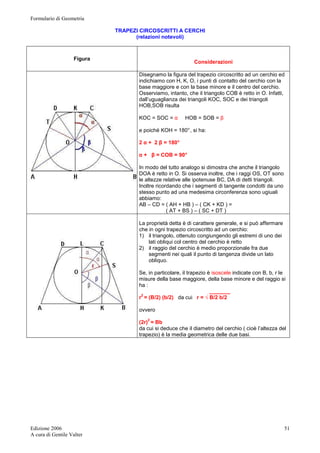 Formulario di Geometria 
Edizione 2006 
A cura di Gentile Valter 
51 
TRAPEZI CIRCOSCRITTI A CERCHI 
(relazioni notevoli) 
Figura 
Considerazioni 
Disegnamo la figura del trapezio circoscritto ad un cerchio ed 
indichiamo con H, K, O, i punti di contatto del cerchio con la 
base maggiore e con la base minore e il centro del cerchio. 
Osserviamo, intanto, che il triangolo COB è retto in O. Infatti, 
dall’uguaglianza dei triangoli KOC, SOC e dei triangoli 
HOB,SOB risulta 
KOC = SOC = α HOB = SOB = β 
e poiché KOH = 180° , si ha: 
2 α + 2 β = 180° 
α + β = COB = 90° 
In modo del tutto analogo si dimostra che anche il triangolo 
DOA è retto in O. Si osserva inoltre, che i raggi OS, OT sono 
le altezze relative alle ipotenuse BC, DA di detti triangoli. 
Inoltre ricordando che i segmenti di tangente condotti da uno 
stesso punto ad una medesima circonferenza sono ugiuali 
abbiamo: 
AB – CD = ( AH + HB ) – ( CK + KD ) = 
( AT + BS ) – ( SC + DT ) 
La proprietà detta è di carattere generale, e si può affermare 
che in ogni trapezio circoscritto ad un cerchio: 
1) il triangolo, ottenuto congiungendo gli estremi di uno dei 
lati obliqui col centro del cerchio è retto 
2) il raggio del cerchio è medio proporzionale fra due 
segmenti nei quali il punto di tangenza divide un lato 
obliquo. 
Se, in particolare, il trapezio è isoscele indicate con B, b, r le 
misure della base maggiore, della base minore e del raggio si 
ha : 
_______ 
r2 = (B/2) (b/2) da cui r = √ B/2 b/2 
ovvero 
(2r)2 = Bb 
da cui si deduce che il diametro del cerchio ( cioè l’altezza del 
trapezio) è la media geometrica delle due basi. 
 