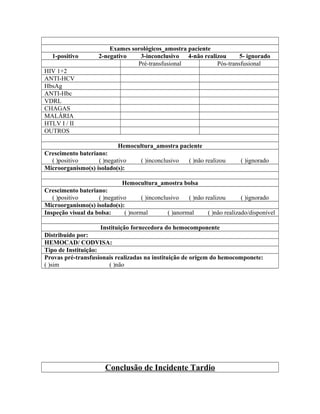 Exames sorológicos_amostra paciente
1-positivo 2-negativo 3-inconclusivo 4-não realizou 5- ignorado
Pré-transfusional Pós-transfusional
HIV 1+2
ANTI-HCV
HbsAg
ANTI-Hbc
VDRL
CHAGAS
MALÁRIA
HTLV I / II
OUTROS
Hemocultura_amostra paciente
Crescimento bateriano:
( )positivo ( )negativo ( )inconclusivo ( )não realizou ( )ignorado
Microorganismo(s) isolado(s):
Hemocultura_amostra bolsa
Crescimento bateriano:
( )positivo ( )negativo ( )inconclusivo ( )não realizou ( )ignorado
Microorganismo(s) isolado(s):
Inspeção visual da bolsa: ( )normal ( )anormal ( )não realizado/disponível
Instituição fornecedora do hemocomponente
Distribuído por:
HEMOCAD/ CODVISA:
Tipo de Instituição:
Provas pré-transfusionais realizadas na instituição de origem do hemocomponete:
( )sim ( )não
Conclusão de Incidente Tardio
 