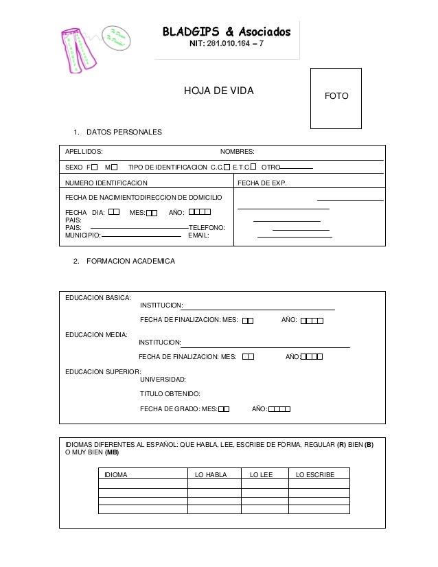 Hoja de vida para llenar Hoja de vida para llenar