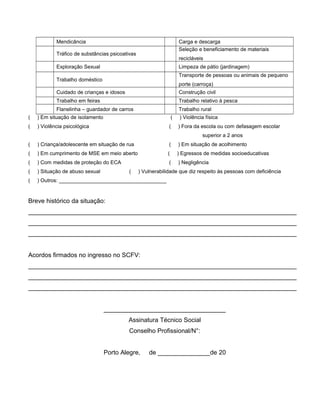 Mendicância Carga e descarga
Tráfico de substâncias psicoativas
Seleção e beneficiamento de materiais
recicláveis
Exploração Sexual Limpeza de pátio (jardinagem)
Trabalho doméstico
Transporte de pessoas ou animais de pequeno
porte (carroça)
Cuidado de crianças e idosos Construção civil
Trabalho em feiras Trabalho relativo à pesca
Flanelinha – guardador de carros Trabalho rural
( ) Em situação de isolamento ( ) Violência física
( ) Violência psicológica ( ) Fora da escola ou com defasagem escolar
superior a 2 anos
( ) Criança/adolescente em situação de rua ( ) Em situação de acolhimento
( ) Em cumprimento de MSE em meio aberto ( ) Egressos de medidas socioeducativas
( ) Com medidas de proteção do ECA ( ) Negligência
( ) Situação de abuso sexual ( ) Vulnerabilidade que diz respeito às pessoas com deficiência
( ) Outros: _____________________________________
Breve histórico da situação:
_____________________________________________________________________________
_____________________________________________________________________________
_____________________________________________________________________________
Acordos firmados no ingresso no SCFV:
_____________________________________________________________________________
_____________________________________________________________________________
_____________________________________________________________________________
___________________________________
Assinatura Técnico Social
Conselho Profissional/N°:
Porto Alegre, de _______________de 20
 