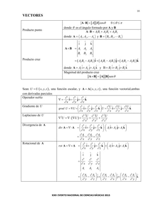 10
VECTORES
Producto punto
cos 0A B      A B
donde  es el ángulo formado por A y B
1 1 2 2 3 3A B A B A B   A B
donde 1 2, , nA A AA y 1 2, , nB B BB
Producto cruz
     
1 2 3
1 2 3
2 3 3 2 3 1 1 3 1 2 2 1
i j k
ˆ ˆ ˆ
A A A
B B B
A B A B A B A B A B A B
  
 
     
A B
i j k
donde 1 2 3i j kA A A
  
  A y 1 2 3B i j kB B B
  
  
Magnitud del producto cruz
sen A B A B
Sean  , ,U U x y z , una función escalar, y  , ,x y zA A , una función vectorial,ambas
con derivadas parciales
Operador nabla
x y z
  
  
  
   i j k
Gradiente de U U U U
grad U U U
x y z x y z
     
     
      
        
 
i j k i j k
Laplaciano de U
 
2 2 2
2
2 2 2
U U U
U U
x y z
  
  
      
Divergencia de A
1 2 3
1 2 3
div A A A
x y z
A A A
x y z
  
  
  
  
        
         
  
  
A A i j k i j k
Rotacional de A
1 2 3
1 2 3
3 2 1 3 2 1
i j k
i j k
rot A A A
x y z
x y z
A A A
A A A A A A
y z z x x y
  
  
  
  
     
     
     
  
  
   
         
  

     
          
     
A A i j k i j k
 