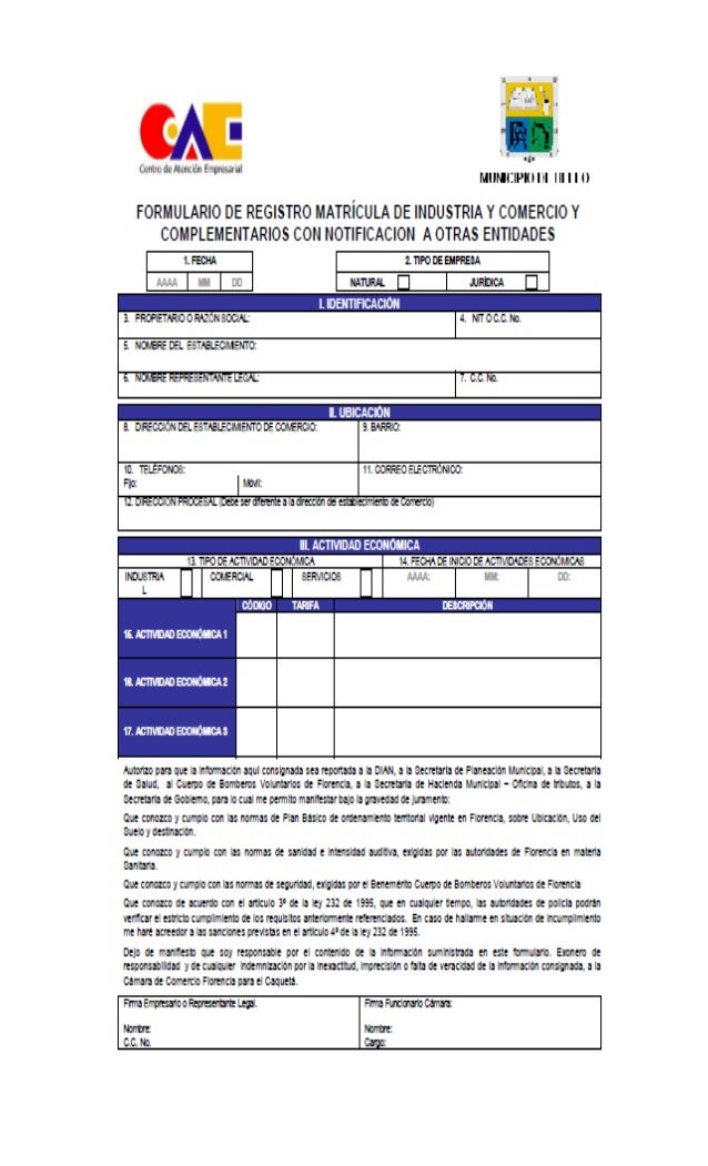 Formulario matricula industria y comercio