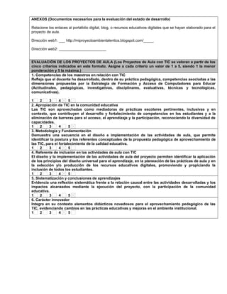 ANEXOS (Documentos necesarios para la evaluación del estado de desarrollo)
Relacione los enlaces al portafolio digital, blog, o recursos educativos digitales que se hayan elaborado para el
proyecto de aula.
Dirección web1: ___ http://miproyectoambientalentics.blogspot.com/_____
Dirección web2: _______________________
EVALUACIÓN DE LOS PROYECTOS DE AULA (Los Proyectos de Aula con TIC se valoran a partir de los
cinco criterios indicados en este formato. Asigne a cada criterio un valor de 1 a 5, siendo 1 la menor
ponderación y 5 la máxima.)
1. Competencias de los maestros en relación con TIC
Refleja que el docente ha desarrollado, dentro de su práctica pedagógica, competencias asociadas a las
dimensiones propuestas por la Estrategia de Formación y Acceso de Computadores para Educar
(Actitudinales, pedagógicas, investigativas, disciplinares, evaluativas, técnicas y tecnológicas,
comunicativas).
1 2 3 4 5
2. Apropiación de TIC en la comunidad educativa
Las TIC son aprovechadas como mediadoras de prácticas escolares pertinentes, inclusivas y en
contexto, que contribuyen al desarrollo y fortalecimiento de competencias en los estudiantes y a la
eliminación de barreras para el acceso, el aprendizaje y la participación, reconociendo la diversidad de
capacidades.
1 2 3 4 5
3. Metodología y Fundamentación
Demuestra una secuencia en el diseño e implementación de las actividades de aula, que permite
identificar la postura y los referentes conceptuales de la propuesta pedagógica de aprovechamiento de
las TIC, para el fortalecimiento de la calidad educativa.
1 2 3 4 5
4. Referente de inclusión en las actividades de aula con TIC
El diseño y la implementación de las actividades de aula del proyecto permiten identificar la aplicación
de los principios del diseño universal para el aprendizaje, en la planeación de las prácticas de aula y en
la selección y/o producción de los recursos educativos digitales, promoviendo y propiciando la
inclusión de todos los estudiantes.
1 2 3 4 5
5. Sistematización y conclusiones de aprendizajes
Evidencia una reflexión sistemática frente a la relación causal entre las actividades desarrolladas y los
impactos alcanzados mediante la ejecución del proyecto, con la participación de la comunidad
educativa.
1 2 3 4 5
6. Carácter innovador
Integra en su contexto elementos didácticos novedosos para el aprovechamiento pedagógico de las
TIC, evidenciando cambios en las prácticas educativas y mejoras en el ambiente institucional.
1 2 3 4 5
 