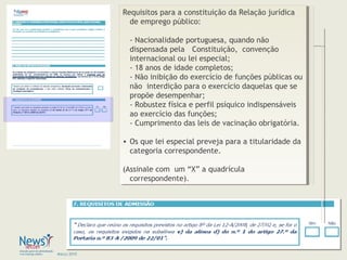 Março 2010
Requisitos para a constituição da Relação jurídica
de emprego público:
- Nacionalidade portuguesa, quando não
dispensada pela Constituição, convenção
internacional ou lei especial;
- 18 anos de idade completos;
- Não inibição do exercício de funções públicas ou
não interdição para o exercício daquelas que se
propõe desempenhar;
- Robustez física e perfil psíquico indispensáveis
ao exercício das funções;
- Cumprimento das leis de vacinação obrigatória.
• Os que lei especial preveja para a titularidade da
categoria correspondente.
(Assinale com um “X” a quadrícula
correspondente).
Requisitos para a constituição da Relação jurídica
de emprego público:
- Nacionalidade portuguesa, quando não
dispensada pela Constituição, convenção
internacional ou lei especial;
- 18 anos de idade completos;
- Não inibição do exercício de funções públicas ou
não interdição para o exercício daquelas que se
propõe desempenhar;
- Robustez física e perfil psíquico indispensáveis
ao exercício das funções;
- Cumprimento das leis de vacinação obrigatória.
• Os que lei especial preveja para a titularidade da
categoria correspondente.
(Assinale com um “X” a quadrícula
correspondente).
 