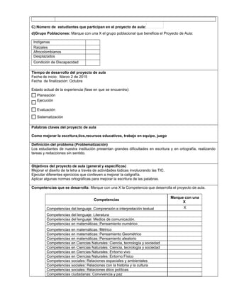 C) Número de estudiantes que participan en el proyecto de aula:
d)Grupo Poblaciones: Marque con una X el grupo poblacional que beneficia el Proyecto de Aula:
Indígenas
Raizales
Afrocolombianos
Desplazados
Condición de Discapacidad
,.,.
Tiempo de desarrollo del proyecto de aula
Fecha de inicio: Marzo 2 de 2015
Fecha de finalización: Octubre
Estado actual de la experiencia (fase en que se encuentra):
Palabras claves del proyecto de aula
Como mejorar la escritura,tics,recursos educativos, trabajo en equipo, juego
Definición del problema (Problematización)
Los estudiantes de nuestra institución presentan grandes dificultades en escritura y en ortografía, realizando
tareas y redacciones sin sentido.
Objetivos del proyecto de aula (general y específicos)
Mejorar el diseño de la letra a través de actividades lúdicas involucrando las TIC.
Ejecutar diferentes ejercicios que conlleven a mejorar la caligrafía.
Aplicar algunas normas ortográficas para mejorar la escritura de las palabras.
Competencias que se desarrolla: Marque con una X la Competencia que desarrolla el proyecto de aula.
Competencias
Marque con una
X
Competencias del lenguaje: Comprensión e interpretación textual X
Competencias del lenguaje: Literatura
Competencias del lenguaje: Medios de comunicación.
Competencias en matemáticas: Pensamiento numérico
Competencias en matemáticas: Métrico
Competencias en matemáticas: Pensamiento Geométrico
Competencias en matemáticas: Pensamiento aleatorio
Competencias en Ciencias Naturales: Ciencia, tecnología y sociedad
Competencias en Ciencias Naturales: Ciencia, tecnología y sociedad
Competencias en Ciencias Naturales: Entorno vivo
Competencias en Ciencias Naturales: Entorno Físico
Competencias sociales: Relaciones espaciales y ambientales
Competencias sociales: Relaciones con la historia y la cultura
Competencias sociales: Relaciones ético políticas
Competencias ciudadanas: Convivencia y paz
Sistematización
Evaluación
Ejecución
Planeación$
$
$
$
 