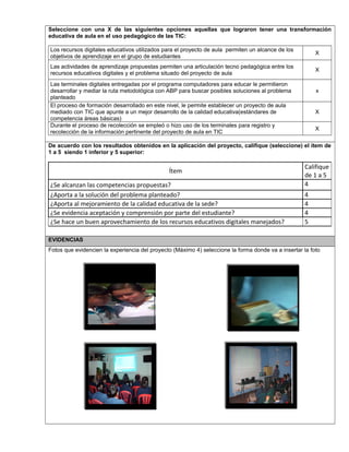 Seleccione con una X de las siguientes opciones aquellas que lograron tener una transformación
educativa de aula en el uso pedagógico de las TIC:
Los recursos digitales educativos utilizados para el proyecto de aula permiten un alcance de los
objetivos de aprendizaje en el grupo de estudiantes
X
Las actividades de aprendizaje propuestas permiten una articulación tecno pedagógica entre los
recursos educativos digitales y el problema situado del proyecto de aula
X
Las terminales digitales entregadas por el programa computadores para educar le permitieron
desarrollar y mediar la ruta metodológica con ABP para buscar posibles soluciones al problema
planteado
x
El proceso de formación desarrollado en este nivel, le permite establecer un proyecto de aula
mediado con TIC que apunte a un mejor desarrollo de la calidad educativa(estándares de
competencia áreas básicas)
X
Durante el proceso de recolección se empleó o hizo uso de los terminales para registro y
recolección de la información pertinente del proyecto de aula en TIC
X
De acuerdo con los resultados obtenidos en la aplicación del proyecto, califique (seleccione) el ítem de
1 a 5 siendo 1 inferior y 5 superior:
Ítem
Califique
de 1 a 5
¿Se alcanzan las competencias propuestas? 4
¿Aporta a la solución del problema planteado? 4
¿Aporta al mejoramiento de la calidad educativa de la sede? 4
¿Se evidencia aceptación y comprensión por parte del estudiante? 4
¿Se hace un buen aprovechamiento de los recursos educativos digitales manejados? 5
EVIDENCIAS
Fotos que evidencien la experiencia del proyecto (Máximo 4) seleccione la forma donde va a insertar la foto
 