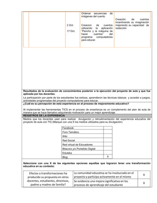 2 Oct. 
17 Oct. 
Ordenar secuencias de 
imágenes del cuento 
Creacion de cuentos 
utilizando la aplicación 
“Pancho y la máquina de 
hacer cuentos” del 
programa computadores 
para educar. 
Creación de cuentos 
incentivando su imaginación 
mejorando su capacidad de 
redacción 
Resultados de la evaluación de conocimientos posterior a la ejecución del proyecto de aula y que fue 
aplicada por los docentes. 
La participación por parte de los estudiantes fue exitosa, aprendieron las técnicas básicas y acceder a juegos, 
actividades programadas del proyecto computadores para educar. 
¿Cuál es su percepción de esta experiencia en el proceso de mejoramiento educativo? 
Al implementar las herramientas TICS en el proceso de enseñanza es un complemento del plan de aula de 
manera que se hace llamativo adquiriendo motivación para un mejor aprendizaje. 
REGISTROS DE LA EXPERIENCIA 
Medios que los docentes usan para realizar divulgación y retroalimentación del experiencia educativa del 
proyecto de aula con TIC:(Marque con una X los medios utilizados para su divulgación) 
Facebook 
Foro Temático 
Wiki 
Red Social 
Red virtual de Educadores 
Bitacora y/o Portafolio Digital 
Eduteka 
Blog X 
Seleccione con una X de las siguientes opciones aquellas que lograron tener una transformación 
educativa en su contexto: 
Efectos o transformaciones ha 
producido su propuesta en otros 
docentes, estudiantes, directivos, 
padres y madres de familia? 
La comunidad educativa se ha involucrado en el 
proyecto y participa activamente en el mismo 
X 
Se evidencia una mejora significativa en los 
procesos de aprendizaje del estudiante 
X 
 