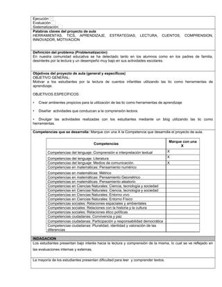 Ejecución 
Evaluación 
Sistematización 
Palabras claves del proyecto de aula 
HERRAMIENTAS, TICS, APRENDIZAJE, ESTRATEGIAS, LECTURA, CUENTOS, COMPRENSION, 
INNOVADOR, MOTIVACION 
Definición del problema (Problematización) 
En nuestra comunidad educativa se ha detectado tanto en los alumnos como en los padres de familia, 
desinterés por la lectura y un desempeño muy bajo en sus actividades escolares. 
Objetivos del proyecto de aula (general y específicos) 
OBJETIVO GENERAL: 
Motivar a los estudiantes por la lectura de cuentos infantiles utilizando las tic como herramientas de 
aprendizaje. 
OBJETIVOS ESPECÍFICOS: 
• Crear ambientes propicios para la utilización de las tic como herramientas de aprendizaje 
• Diseñar actividades que conduzcan a la comprensión lectora. 
• Divulgar las actividades realizadas con los estudiantes mediante un blog utilizando las tic como 
herramientas. 
Competencias que se desarrolla: Marque con una X la Competencia que desarrolla el proyecto de aula. 
Competencias Marque con una 
X 
Competencias del lenguaje: Comprensión e interpretación textual X 
Competencias del lenguaje: Literatura X 
Competencias del lenguaje: Medios de comunicación. X 
Competencias en matemáticas: Pensamiento numérico 
Competencias en matemáticas: Métrico 
Competencias en matemáticas: Pensamiento Geométrico 
Competencias en matemáticas: Pensamiento aleatorio 
Competencias en Ciencias Naturales: Ciencia, tecnología y sociedad 
Competencias en Ciencias Naturales: Ciencia, tecnología y sociedad 
Competencias en Ciencias Naturales: Entorno vivo 
Competencias en Ciencias Naturales: Entorno Físico 
Competencias sociales: Relaciones espaciales y ambientales 
Competencias sociales: Relaciones con la historia y la cultura 
Competencias sociales: Relaciones ético políticas 
Competencias ciudadanas: Convivencia y paz 
Competencias ciudadanas: Participación y responsabilidad democrática 
Competencias ciudadanas: Pluralidad, identidad y valoración de las 
diferencias 
INDAGACION 
Los estudiantes presentan bajo interés hacia la lectura y comprensión de la misma, lo cual se ve reflejado en 
las evaluaciones internas y externas. 
La mayoría de los estudiantes presentan dificultad para leer y comprender textos. 
 
